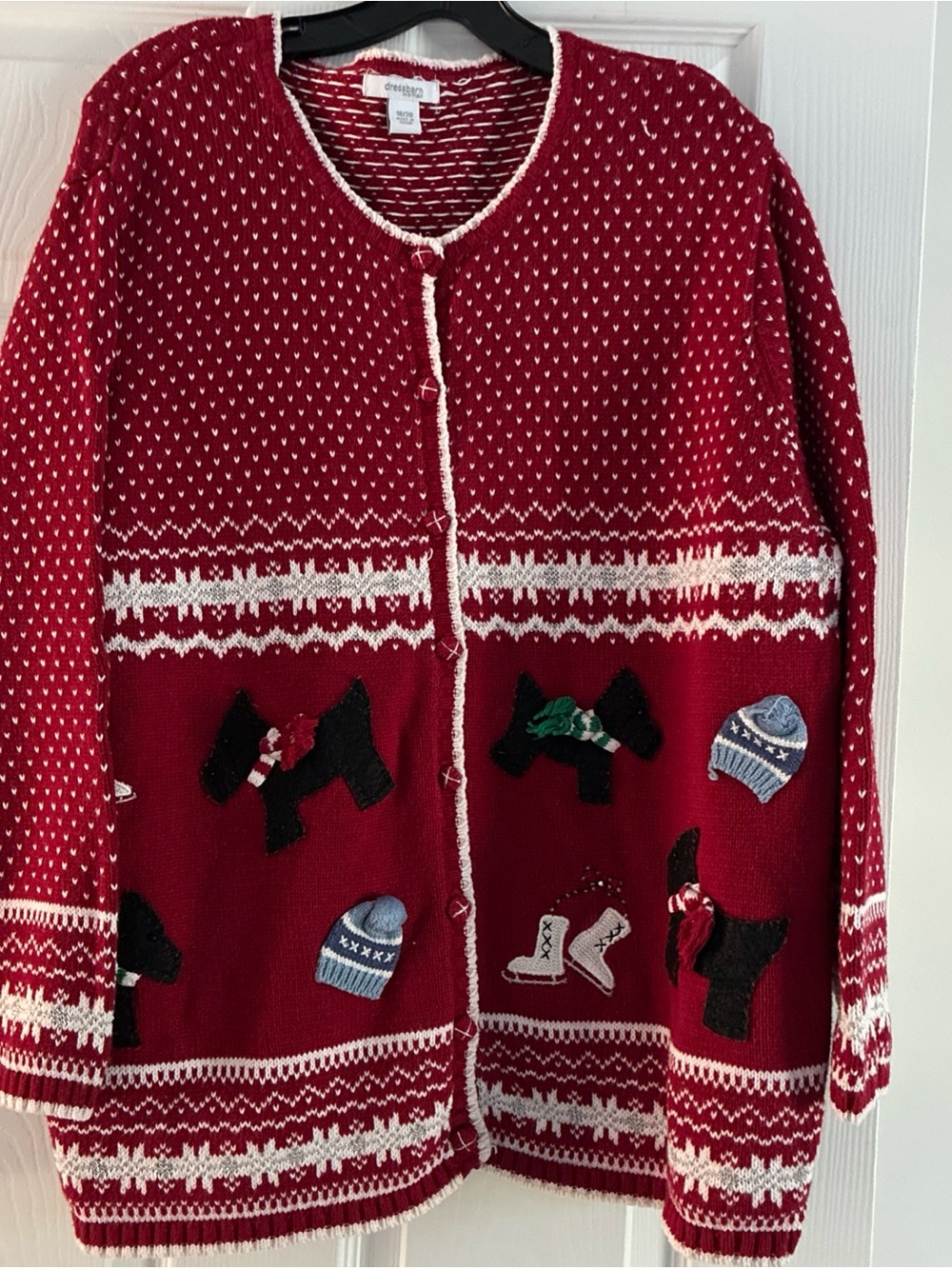 Dressbarn Button Up Christmas Sweater Scotty Dogs Ice Skates Red Women's 18/20